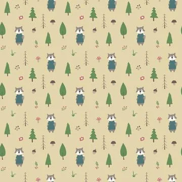 Cute wolf Seamless pattern. Cartoon Animals in forest background. Vector illu Stock Illustration