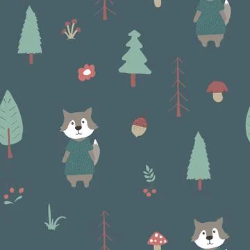 Cute wolf Seamless pattern. Cartoon Animals in forest background. Vector illu Stock Illustration