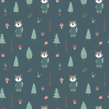 Cute wolf Seamless pattern. Cartoon Animals in forest background. Vector illu Stock Illustration