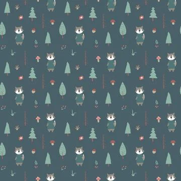 Cute wolf Seamless pattern. Cartoon Animals in forest background. Vector illu Stock Illustration