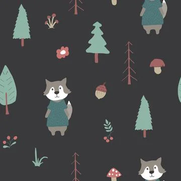 Cute wolf Seamless pattern. Cartoon Animals in forest background. Vector illu Stock Illustration