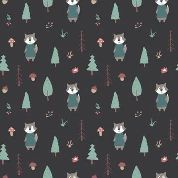 Cute wolf Seamless pattern. Cartoon Animals in forest background. Vector illu Stock Illustration