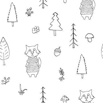 Cute wolf Seamless pattern. Cartoon Animals in forest background. Vector illu Stock Illustration