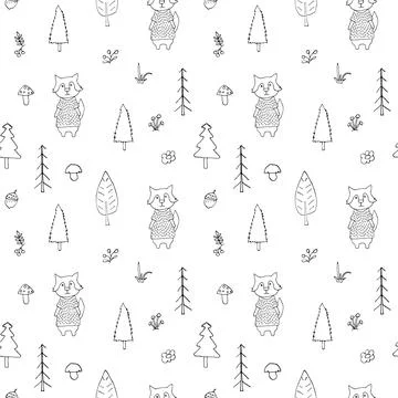 Cute wolf Seamless pattern. Cartoon Animals in forest background. Vector illu Stock Illustration