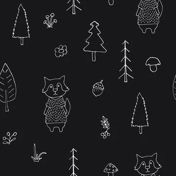 Cute wolf Seamless pattern. Cartoon Animals in forest background. Vector illu Stock Illustration