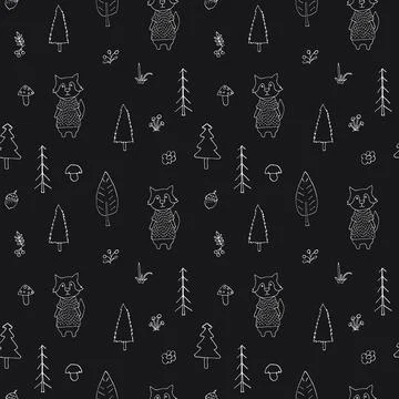 Cute wolf Seamless pattern. Cartoon Animals in forest background. Vector illu 스톡 일러스트