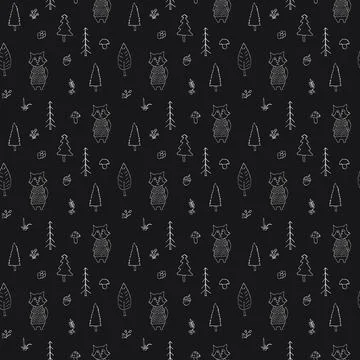 Cute wolf Seamless pattern. Cartoon Animals in forest background. Vector illu Stock Illustration