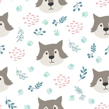 Cute wolf Seamless pattern. Cartoon Animals in forest background. Vector illu Stock Illustration