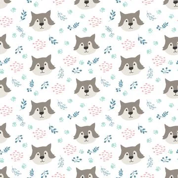 Cute wolf Seamless pattern. Cartoon Animals in forest background. Vector illu Stock Illustration
