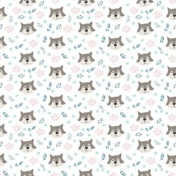 Cute wolf Seamless pattern. Cartoon Animals in forest background. Vector illu Stock Illustration