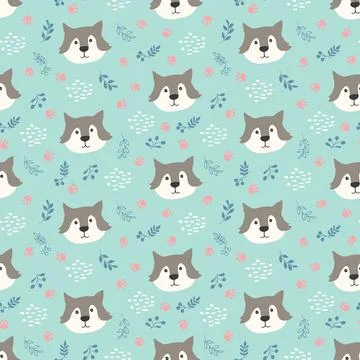 Cute wolf Seamless pattern. Cartoon Animals in forest background. Vector illu Stock Illustration