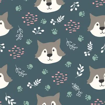 Cute wolf Seamless pattern. Cartoon Animals in forest background. Vector illu Stock Illustration
