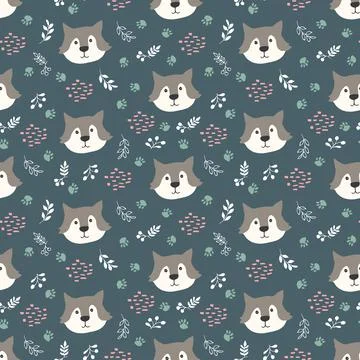 Cute wolf Seamless pattern. Cartoon Animals in forest background. Vector illu Stock Illustration