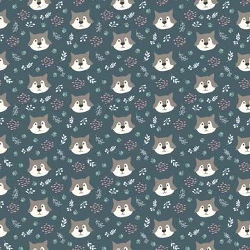 Cute wolf Seamless pattern. Cartoon Animals in forest background. Vector illu Stock Illustration