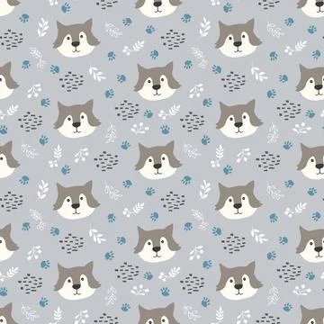 Cute wolf Seamless pattern. Cartoon Animals in forest background. Vector illu Stock Illustration