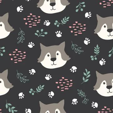 Cute wolf Seamless pattern. Cartoon Animals in forest background. Vector illu Stock Illustration