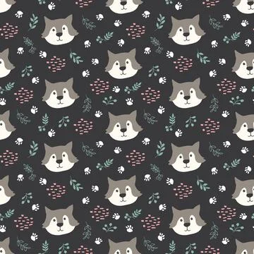 Cute wolf Seamless pattern. Cartoon Animals in forest background. Vector illu 스톡 일러스트