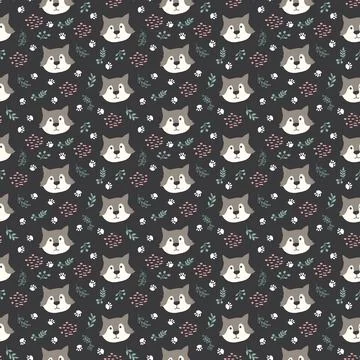 Cute wolf Seamless pattern. Cartoon Animals in forest background. Vector illu Stock Illustration
