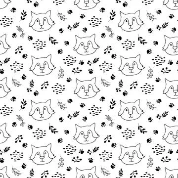 Cute wolf Seamless pattern. Cartoon Animals in forest background. Vector illu Stock Illustration