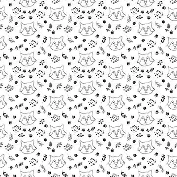 Cute wolf Seamless pattern. Cartoon Animals in forest background. Vector illu Stock Illustration