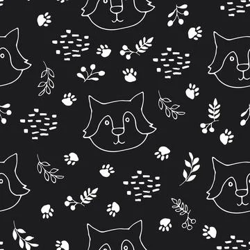 Cute wolf Seamless pattern. Cartoon Animals in forest background. Vector illu Stock Illustration