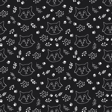 Cute wolf Seamless pattern. Cartoon Animals in forest background. Vector illu Stock Illustration