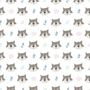 Cute wolf Seamless pattern. Cartoon Animals in forest background. Vector illu Stock Illustration