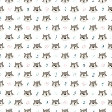 Cute wolf Seamless pattern. Cartoon Animals in forest background. Vector illu Stock Illustration