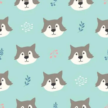 Cute wolf Seamless pattern. Cartoon Animals in forest background. Vector illu Stock Illustration