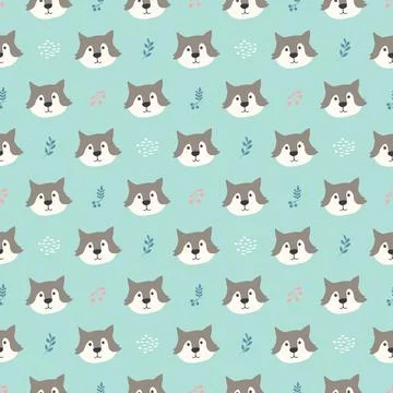 Cute wolf Seamless pattern. Cartoon Animals in forest background. Vector illu Stock Illustration