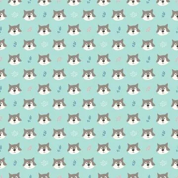 Cute wolf Seamless pattern. Cartoon Animals in forest background. Vector illu Stock Illustration