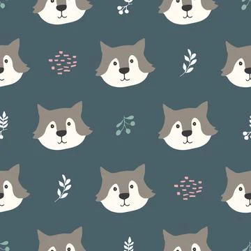 Cute wolf Seamless pattern. Cartoon Animals in forest background. Vector illu Stock Illustration