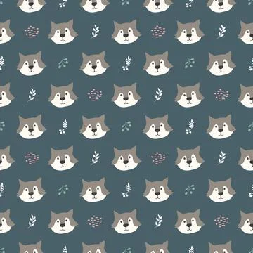 Cute wolf Seamless pattern. Cartoon Animals in forest background. Vector illu Stock Illustration