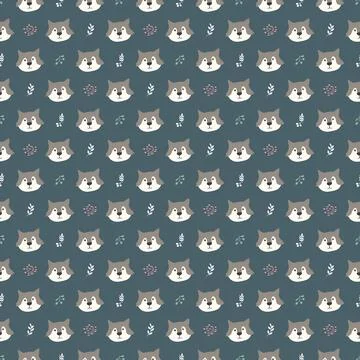 Cute wolf Seamless pattern. Cartoon Animals in forest background. Vector illu Stock Illustration