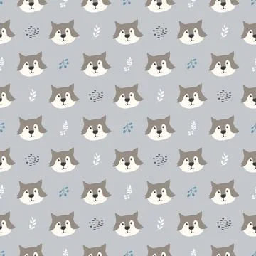 Cute wolf Seamless pattern. Cartoon Animals in forest background. Vector illu Stock Illustration