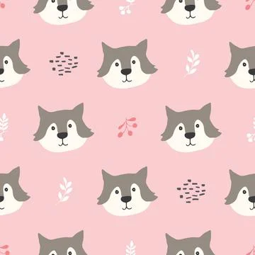 Cute wolf Seamless pattern. Cartoon Animals in forest background. Vector illu Illustrazione stock