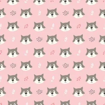 Cute wolf Seamless pattern. Cartoon Animals in forest background. Vector illu Stock Illustration