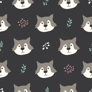 Cute wolf Seamless pattern. Cartoon Animals in forest background. Vector illu Stock Illustration