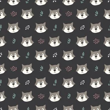 Cute wolf Seamless pattern. Cartoon Animals in forest background. Vector illu Stock Illustration