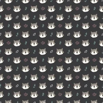 Cute wolf Seamless pattern. Cartoon Animals in forest background. Vector illu Stock Illustration