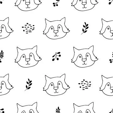 Cute wolf Seamless pattern. Cartoon Animals in forest background. Vector illu Stock Illustration