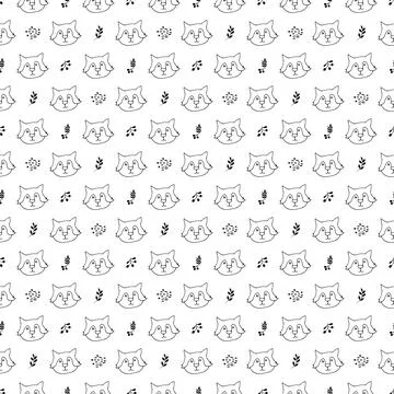 Cute wolf Seamless pattern. Cartoon Animals in forest background. Vector illu Stock Illustration
