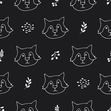 Cute wolf Seamless pattern. Cartoon Animals in forest background. Vector illu Stock Illustration