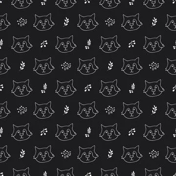 Cute wolf Seamless pattern. Cartoon Animals in forest background. Vector illu Stock Illustration