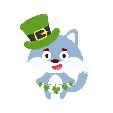Cute wolf in St. Patrick's Day leprechaun hat holds shamrocks. Irish holiday  Stock Illustration