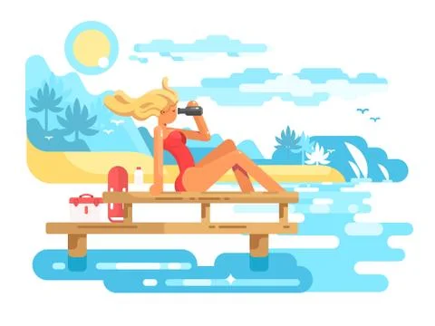 Cute woman lifeguard looking through binoculars Stock Illustration