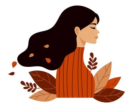 Cute Woman in profile with developing long hair with Autumn Leaves. Female .. Illustrazione stock