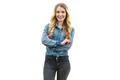 The cute woman standing on the white background Photo
