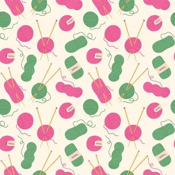 Cute wool yarn balls seamless pattern vector illustration. Pink and green Stock Illustration