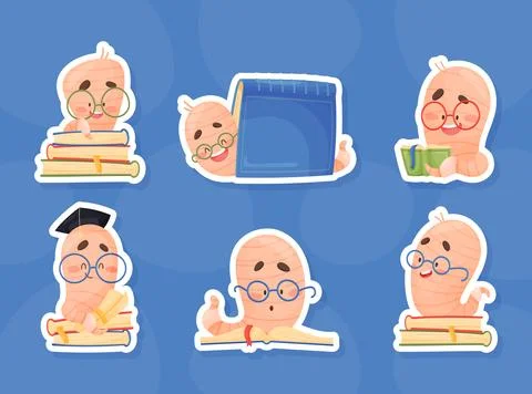 Cute Worm Character with Book in Glasses Vector Set Illustrazione stock